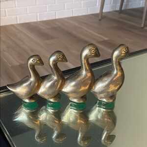 Brass Duck Figurine Set with Green Bases - Vintage-Inspired